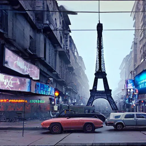 Image similar to A beautiful intricate 8K award-winning ground-level cinematic movie photograph of the future destroyed and decaying neon Eiffel Tower surrounded by corporate billboards. in the year 2043, by Bruno Delbonnel and greg rutkowski. Arri Alexa 65, IMAX 70mm footage. Dirty billboards. Cinematic lighting