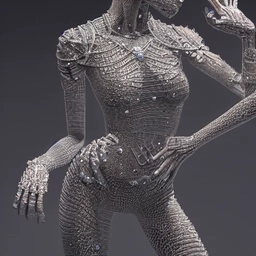 Image similar to full body detailed, ethereal, biomechanical, covered in diamonds and other gems glowing, highly detailed face, elegant posed, intricate, extremy detailed, beeple, cgsociety, 3 d unreal engine octane render. cinematic lighting, highly detailed 4 k art