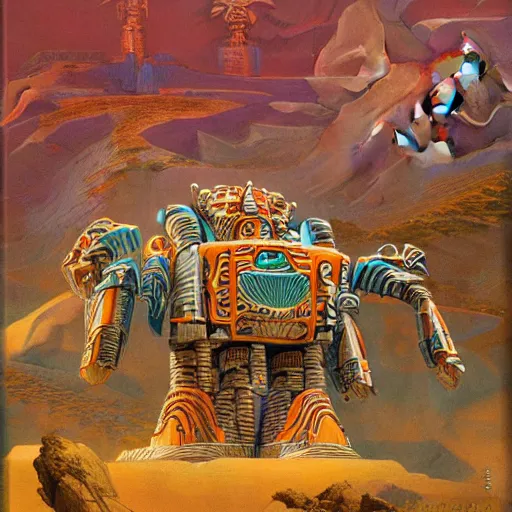 Prompt: elaborate mayan art deco mecha in mesa landscape by j. c. leyendecker, barlowe, makoto kobayashi, and beksinski