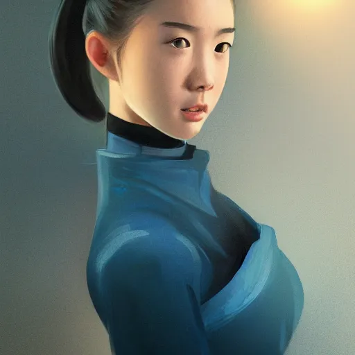 Image similar to a photorealistic hyperrealistic, bright blue eyes, light asian young girl, ponytail hair, flawless face, asian eyes, cute face, black turtle neck shirt, by wlop, artgerm, greg rutwoski, alphonse mucha, beautiful dynamic dramatic low - light moody lighting, cinematic atmosphere, artstation, concept design art, octane render, 8 k