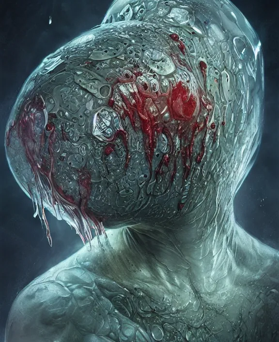 Image similar to portrait of a bloodied intricate geometric slime dripping genderless insect alien monster, muscles, rippling, space warping and twisting, ultra realistic, concept art, intricate details, eerie, highly detailed, photorealistic, octane render, 8 k, unreal engine. art by artgerm and greg rutkowski and alphonse mucha