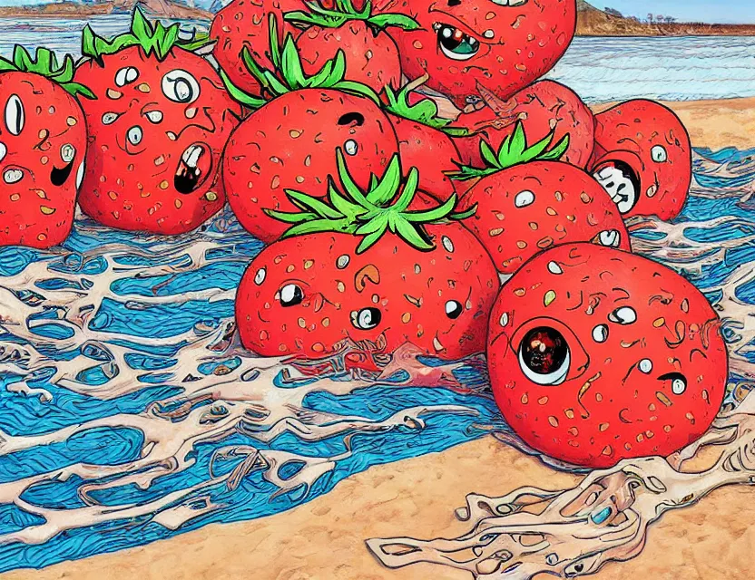 Image similar to a funny detailed high resolution painting with rough brush of a lazy red burned tomato with many googly eyes on a beach to hot for the sun, big piles of strawberry icecream surfing on a sunset by james jean