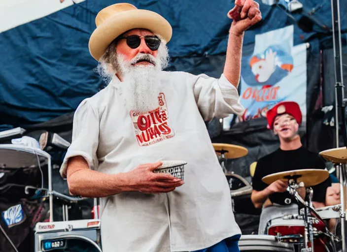 Image similar to photo still of the quaker oats man on stage at vans warped tour!!!!!!!! at age 5 5 years old 5 5 years of age!!!!!!! tossing oatmeal to the crowd, 8 k, 8 5 mm f 1. 8, studio lighting, rim light, right side key light