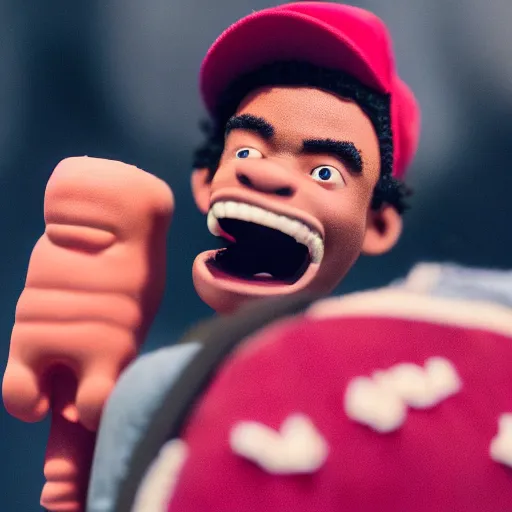 Image similar to a cinematic film still of a claymation stop motion film starring chance the rapper as a college student, shallow depth of field, 8 0 mm, f 1. 8