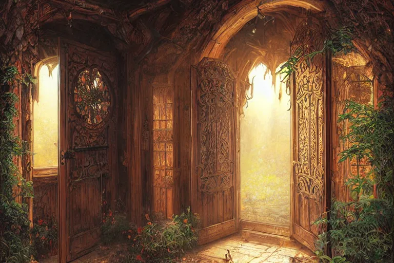 Image similar to large rustic intricately decorated wooden double door, metal handles, a view to a fantasy world, eerie back light, mist, coherent composition, digital fantasy painting by noriyoshi ohrai