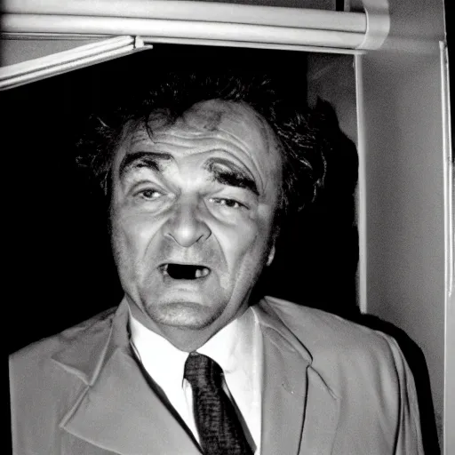 Image similar to grainy photo of detective columbo as a creepy monster in a closet, harsh flash