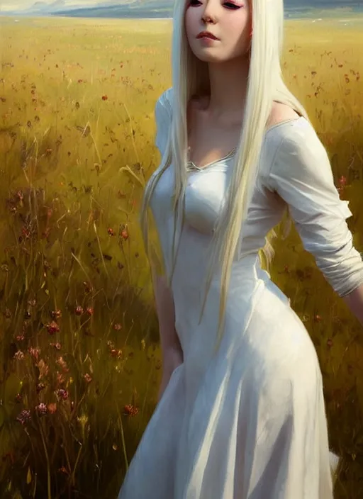 Image similar to portrait of Syndra from League of Legends in white dress, countryside, calm, fantasy character portrait, dynamic pose, above view, sunny day, thunder clouds in the sky, artwork by Jeremy Lipkin and Giuseppe Dangelico Pino and Michael Garmash and Rob Rey, very coherent asymmetrical artwork, sharp edges, perfect face, simple form, 100mm
