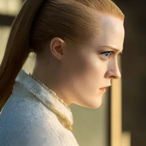 Prompt: beautiful close - up shot of evan rachel wood in westworld who looks into the distance, beautiful natural light, golden hour, focus on her face, photorealistic, fujifilm x - pro 2, by annie leibowitz