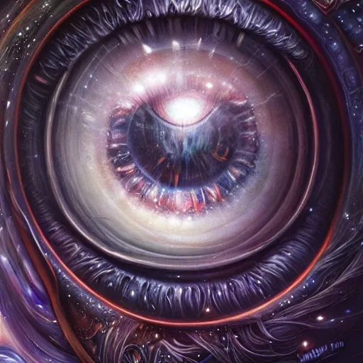 Image similar to low angle shot of a eye with the galaxy in the iris by clive barker, intricate, elegant, highly detailed, centered, digital painting, artstation, concept art, smooth, sharp focus, illustration, artgerm, Tomasz Alen Kopera, Peter Mohrbacher donato giancola, Joseph Christian Leyendecker, WLOP, Boris Vallejo.