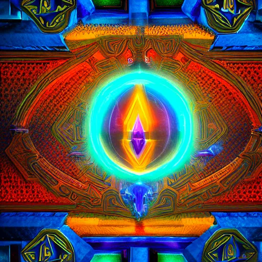 Image similar to dmt realm, cover art, colors: blue, orange, violet, green, yellow, sharp focus, with intricate egiptian letters in the frames, octane render, unreal engine, artstation