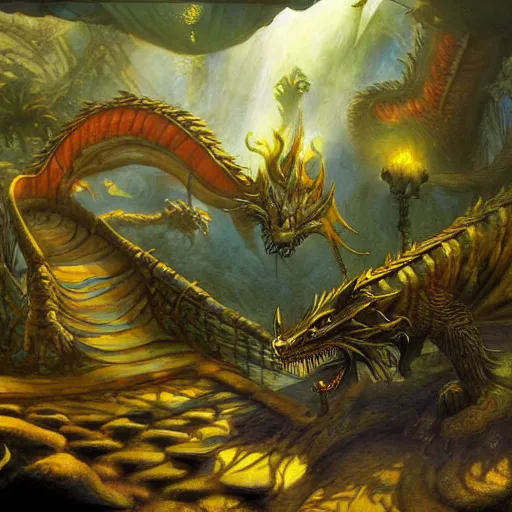 Prompt: dragon waterpark painting by brain froud, charles vess, cinematic lighting, epic composition, highly detailed