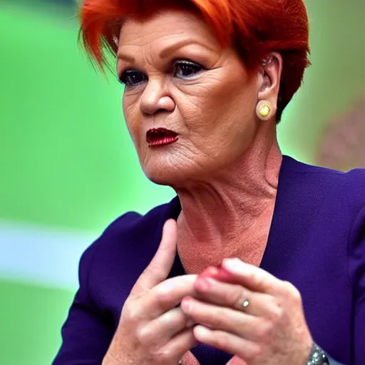 Image similar to Pauline Hanson unzipping her skin to reveal she is secretly a lizard people