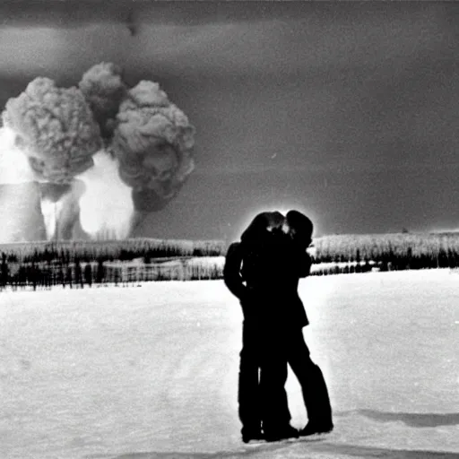 Image similar to vladimir putin kissing zelinsky with a nuclear explosion in the background
