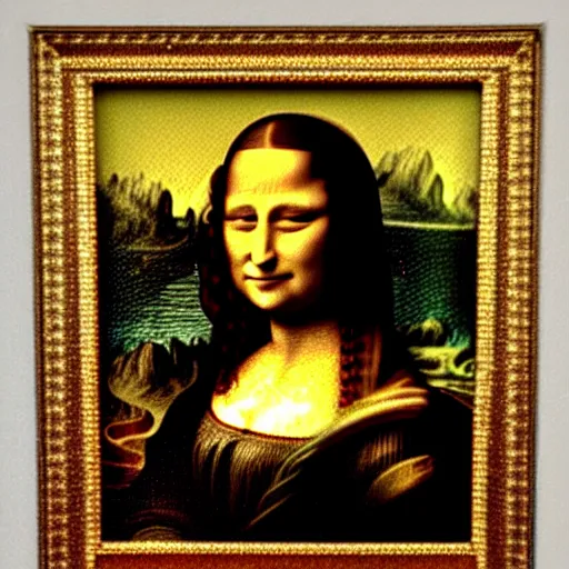 Image similar to a 1900s burned grainy photograph of Mona Lisa dressed in victorian clothes