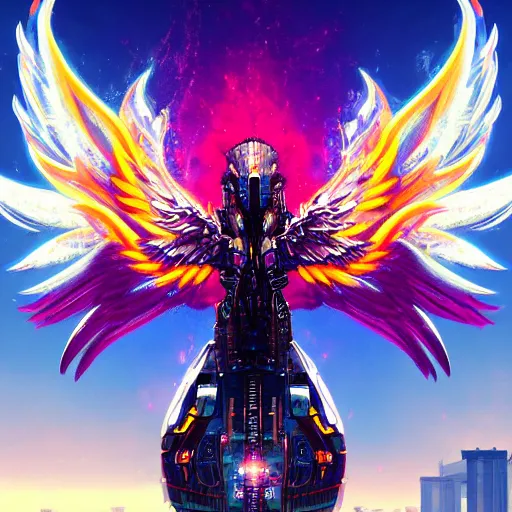 Image similar to ((((((GTA Cover art)))))): Extraterrestrial Phoenix Soul Redeemer, cyberpunk, Hyper-detailed cybernetic Phoenix-God, ArtStation, 4k, epic, phenomenally aesthetic, bright, rich and gaudily