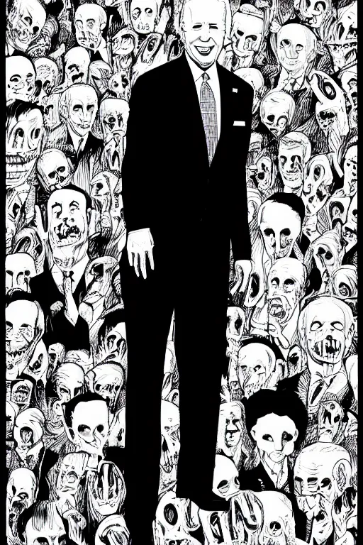 Image similar to Joe Biden full body portrait, body horror, black and white Illustration by Junji Ito