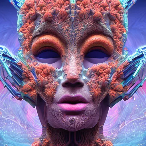 Image similar to Face of a Alien Deity, centered, corals, plume made of geometry, extremly detailed digital painting, sharp focus in the style of android jones, artwork of a futuristic artificial intelligence superstar with frames made of detailed circuits, mystical colors, rim light, beautiful lighting, 8k, stunning scene, raytracing, octane, under water visual distortion, dark tones colors, trending on artstation