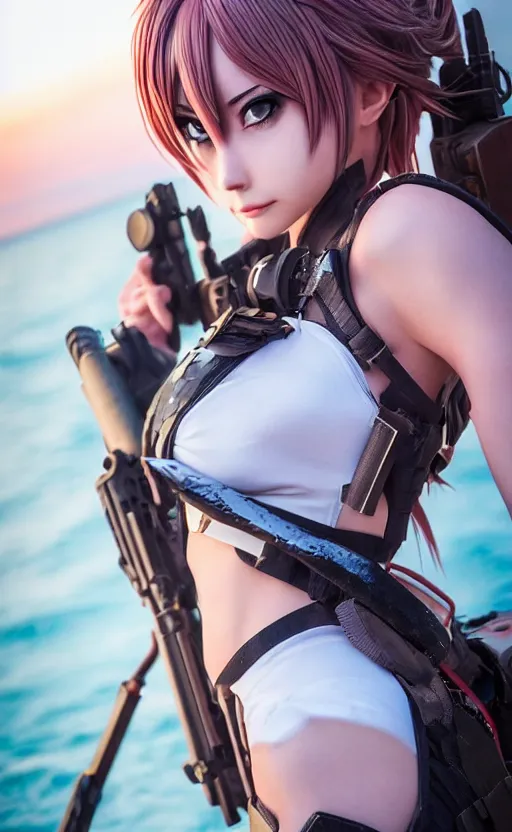 Prompt: highly detailed, high resolution, cosplay photo, octane, stunning, realistic lightning, real sunset, real water, character from girls frontline, sharp focus, 150mm, trending on facebook, by professional photographer, realistic anatomy, realistic military gear, realistic guns