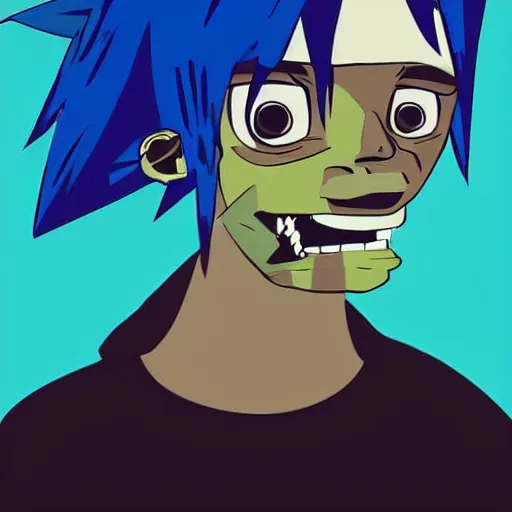 Prompt: 2 d gorillaz, a man with messy blue hair and no eyes, portrait, gorillaz style, jamie hewlett