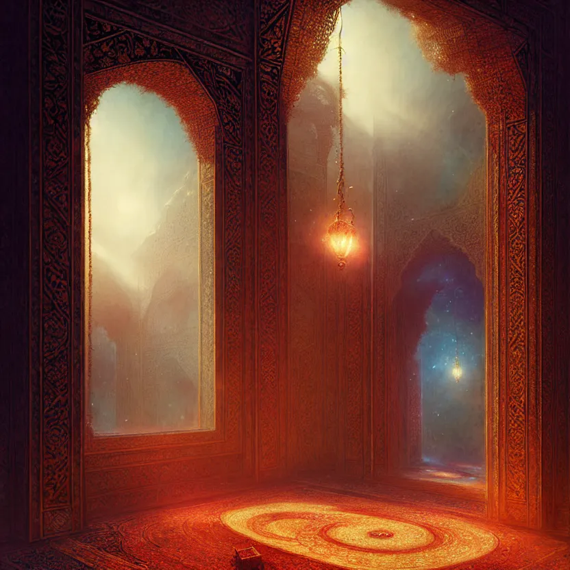 Image similar to magic fluffy Persian carpet & mirror dimension, vertical labyrinth structure, by Greg Rutkowski and Gaston Bussiere, dim lighting, beautiful volumetric-lighting-style atmosphere, surreal atmosphere, intricate, detailed, photorealistic imagery, artstation