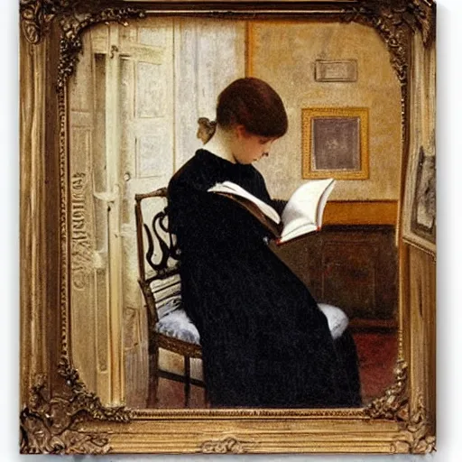 Image similar to scared young victorian lady reading a horror book, painted by alfred stevens