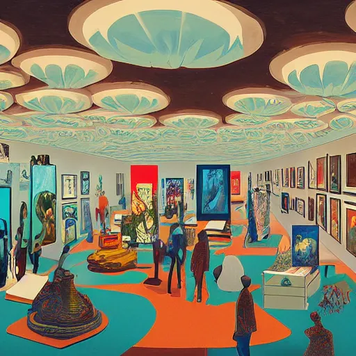 Image similar to digital illustration of modern art gallery, where there is a lot of paintings displayed from various artist, very fashion, displayed on the walls, by Victo Ngai and James Gilleard and Bruce Pennington