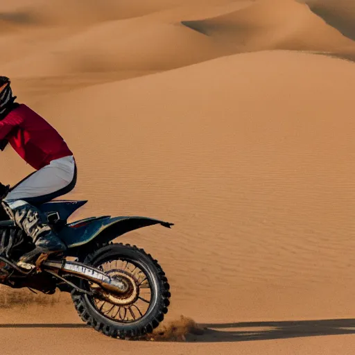 Image similar to cinematic shot of Margaret Thatcher riding a dirt bike in a desert, 8k, dslr, professional lighting,