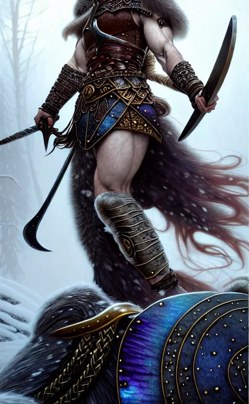 Image similar to iridescent viking warrior, regal, elegant, winter, snow, beautiful, stunning, hd, illustration, epic, d & d, fantasy, intricate, elegant, highly detailed, wide angle, digital painting, artstation, concept art, smooth, sharp focus, illustration, wallpaper, art by artgerm and greg rutkowski and alphonse mucha and jin xiaodi