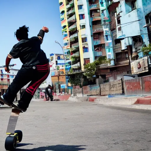 Prompt: A Mexican charro in a cyberpunk city riding a flying skateboard