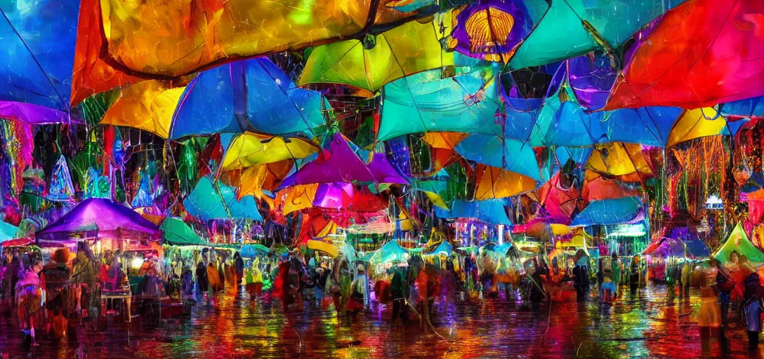 Prompt: Look of Small outdoor carnival, rain, night, colorful tents, digital art, 8k, many details