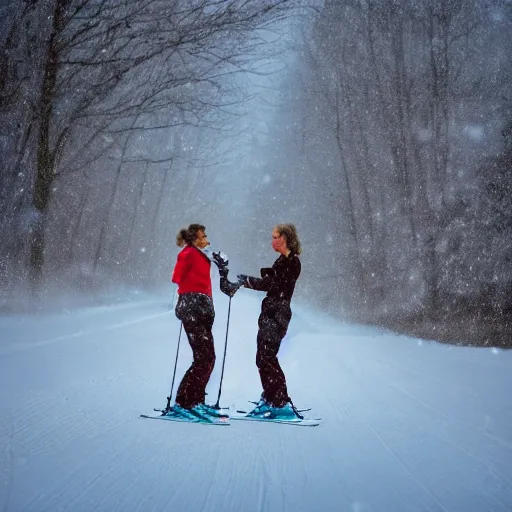 Prompt: happy couple skiing, snowfall, rococo