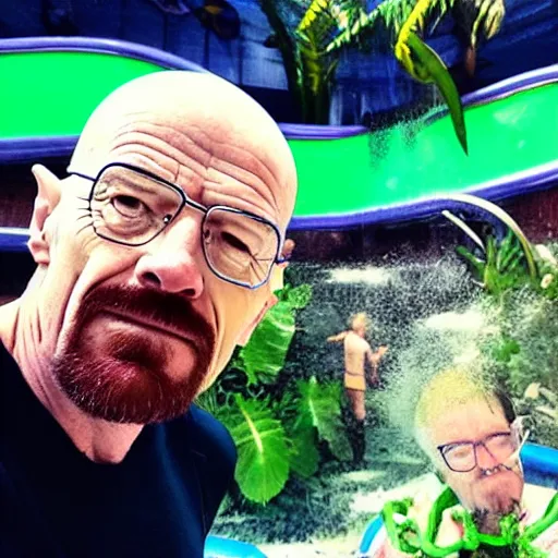 Image similar to walter white selfie at indoor water park with tropical plants