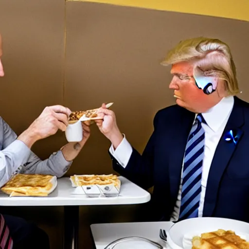 Image similar to photograph of trump and Biden sitting and eating breakfast at a Wafflehouse