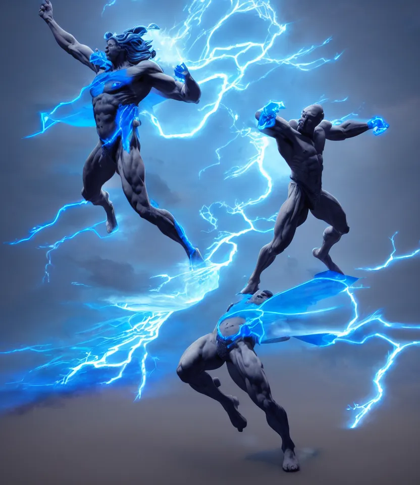 Image similar to zeus god throwing bolts of blue lightning, ultra realistic, dramatic lighting, combative pose, highly detailed by peter mohrbacher, hajime sorayama, wayne barlowe, boris vallejo, aaron horkey, gaston bussiere, craig mullins, octane render, cycles render, vray, iridescent