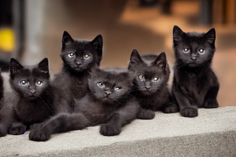 Prompt: a bunch of black kittens with beautiful glowing orange eyes, in the city having a great time, award winning photo, 4k very sharp and detailed