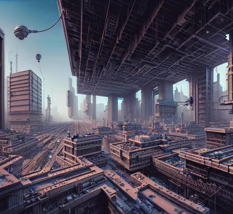 Image similar to hyperrealism photography hyperrealism concept art of highly detailed robotic builders that building highly detailed futuristic ( cyberpunk ) city by wes anderson and hasui kawase and scott listfield sci - fi style hyperrealism rendered in blender and octane render volumetric natural light