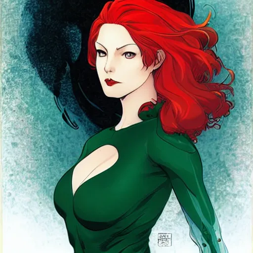 Prompt: portrait of jean grey, a beautiful woman in her 3 0 s, with red hair and green eyes, detailed face, beautiful face, delicate features, smooth, sharp focus, graphic novel, art by kazue kato and kore yamazaki and toni infante,