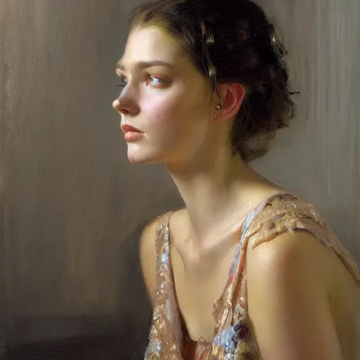 Prompt: a high fashion studio stunning backlit portrait of frowning latvian girl, painting by gaston bussiere, craig mullins, j. c. leyendecker