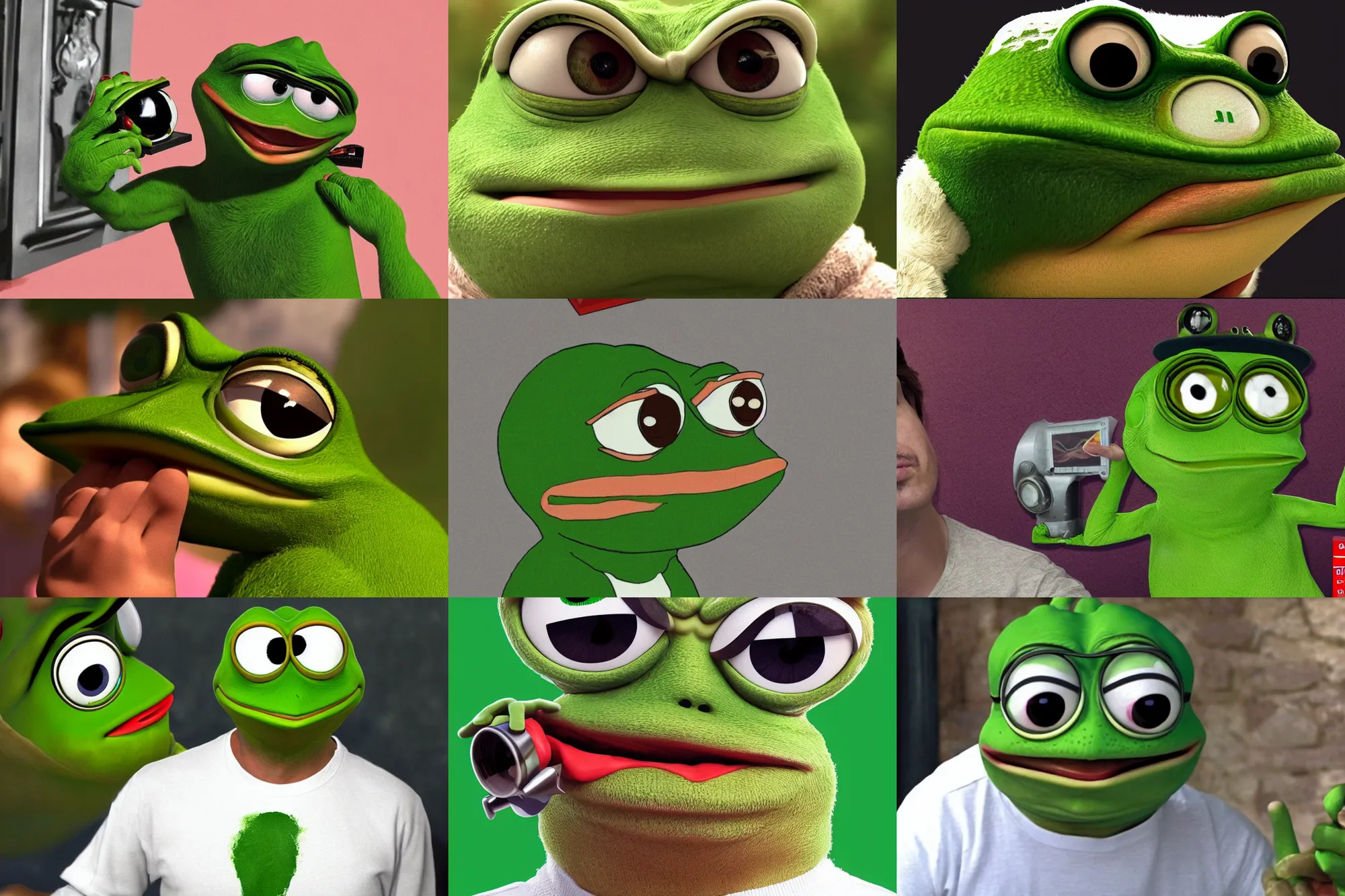 Prompt: Pepe the Frog (played by András Arató) cringing, movie, 8k
