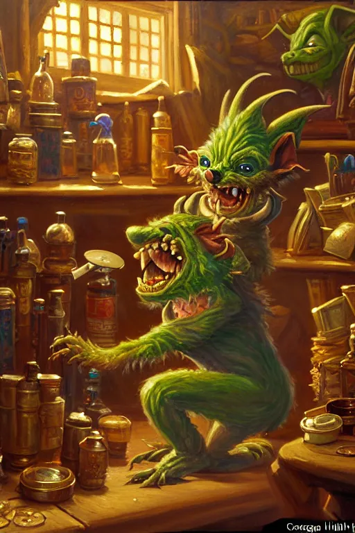 Prompt: classic oil painting, an adorable furry goblin is dancing, as a dnd character, in a cluttered merchant's tent, cottagecore, highly detailed, digital illustration, concept art, smooth, sharp focus, happy, art by tim hildebrandt, and greg hildebrandt