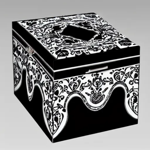 Prompt: ornate box design modern black and white color scheme, zeff style