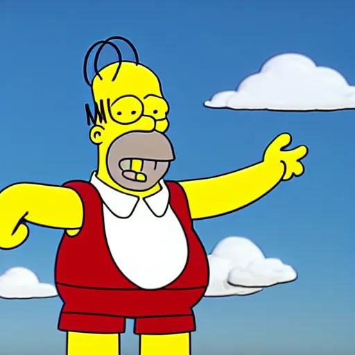 Image similar to wide angle Homer Simpson as C3PO, background blue sky puffy clouds cinematic 4k