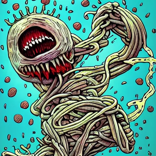 Prompt: the sphagetti monster, atheism god, scary