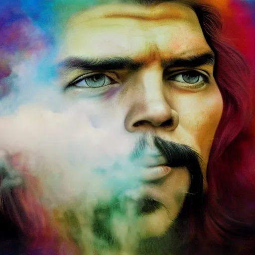 Image similar to colour masterpiece surreal closeup portrait photography of che guevara by miho hirano and annie leibovitz and michael cheval, psychedelic smoke background, 8 k