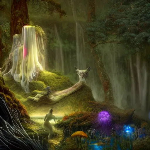 Image similar to tom bagshaw, wolf, mythical cosmic shrine, soft painting render curiosities carnival pond river vegetation rocks bugs wildlife mushrooms covered moss bioluminescent wisps, beautiful stunning waterfall, accurate features, focus, very intricate ultrafine details, random volumetric lighting, fog, award winning masterpiece, octane render 8 k hd, artstation