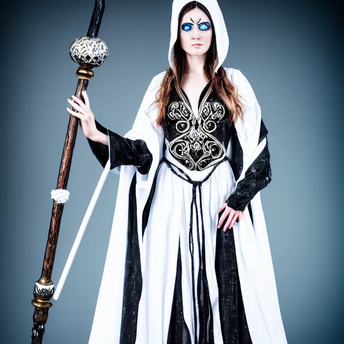 Image similar to professional photograph of a real - life beautiful elemental space witch with ornate white and black robes and staff. extremely detailed. 8 k