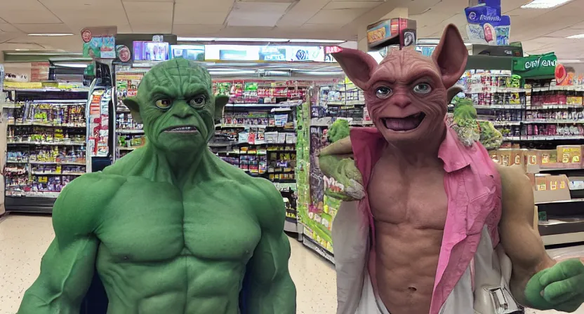 Prompt: a mix between Hulk and Yoda and Dobby and gollum buying groceries in a seven eleven, center frame medium shot, shot on technicolor cinemascope 35mm anamorphic lense, flare