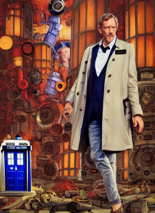 Prompt: portrait of hugh laurie standing next to the tardis from doctor who, portrait, pixar style, by tristan eaton stanley artgerm and tom bagshaw.