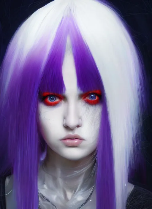 Image similar to hair whitebangs hair, white cyberlox, portrait of normal teenage girl, normal face, black bangs, messy bangs, fluffy bangs, cyberlox, whitebangs, red contact lenses, purple background, intricate, elegant, highly detailed, digital painting, artstation, concept art, sharp focus, smooth, illustration, art by wlop, mars ravelo and greg rutkowski