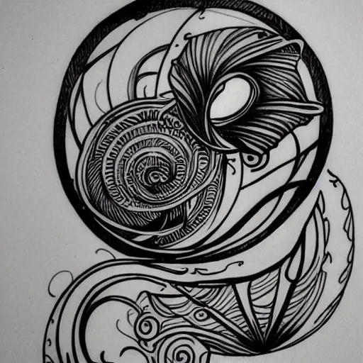 Image similar to an art nouveau tattoo design of birds flying in a simple spiral, ink, line art _ h 7 2 0